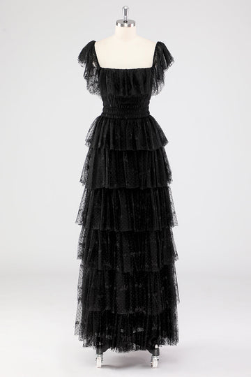 Robe formelle à plusieurs niveaux à col carré noir A Line